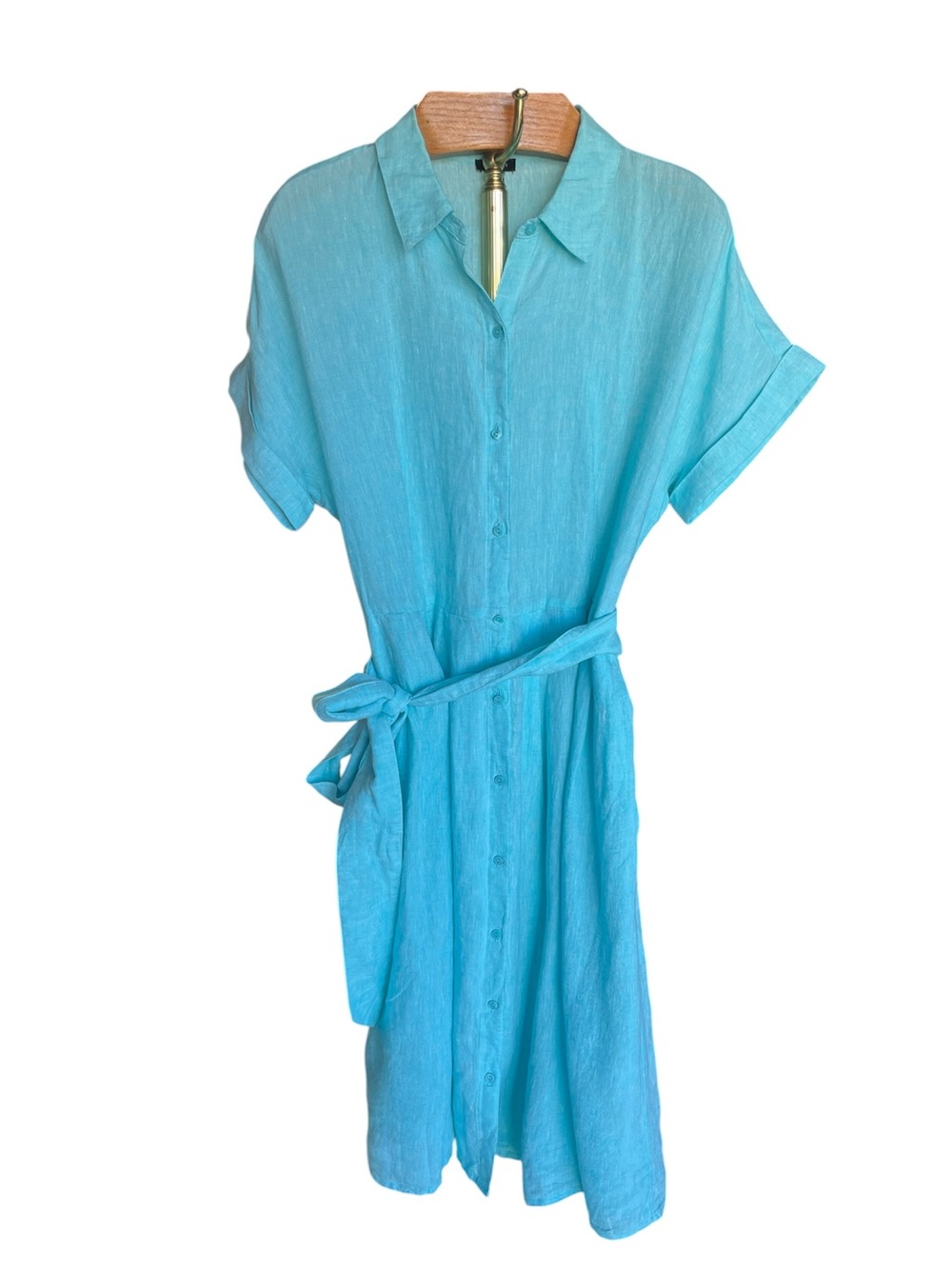 Talbots 100% Linen Turquoise Button-Front Midi Dress with Tie Waist Size 12